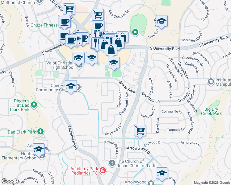 map of restaurants, bars, coffee shops, grocery stores, and more near 9798 Aftonwood Street in Littleton