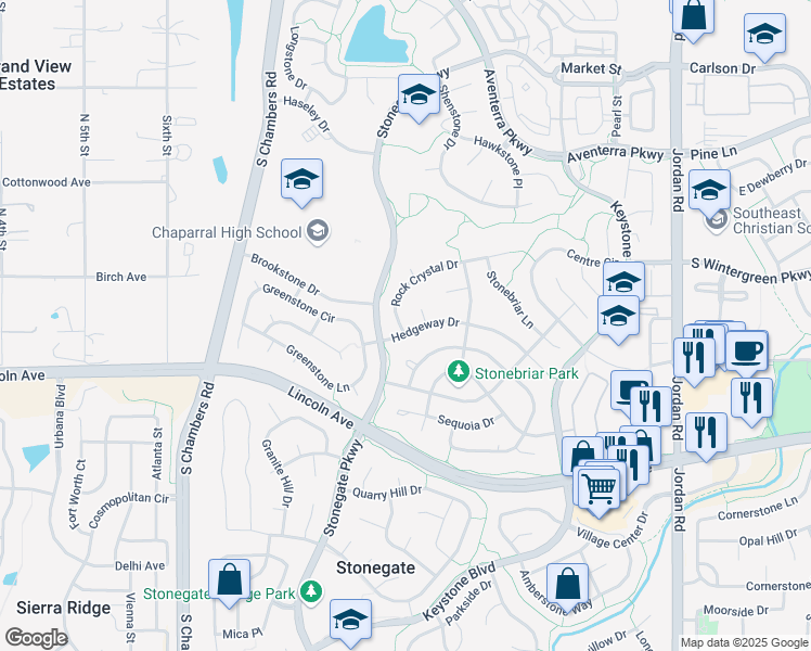 map of restaurants, bars, coffee shops, grocery stores, and more near 15969 Hedgeway Drive in Parker