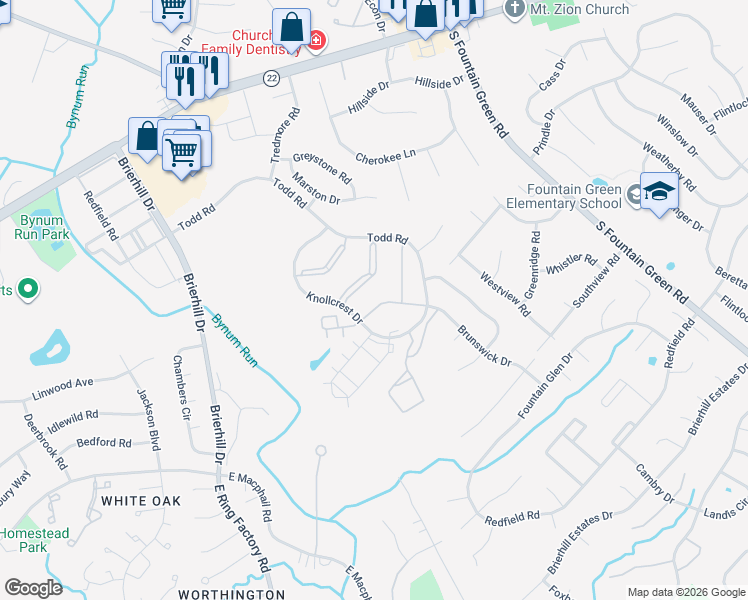 map of restaurants, bars, coffee shops, grocery stores, and more near 222 Mary Jane Lane in Bel Air