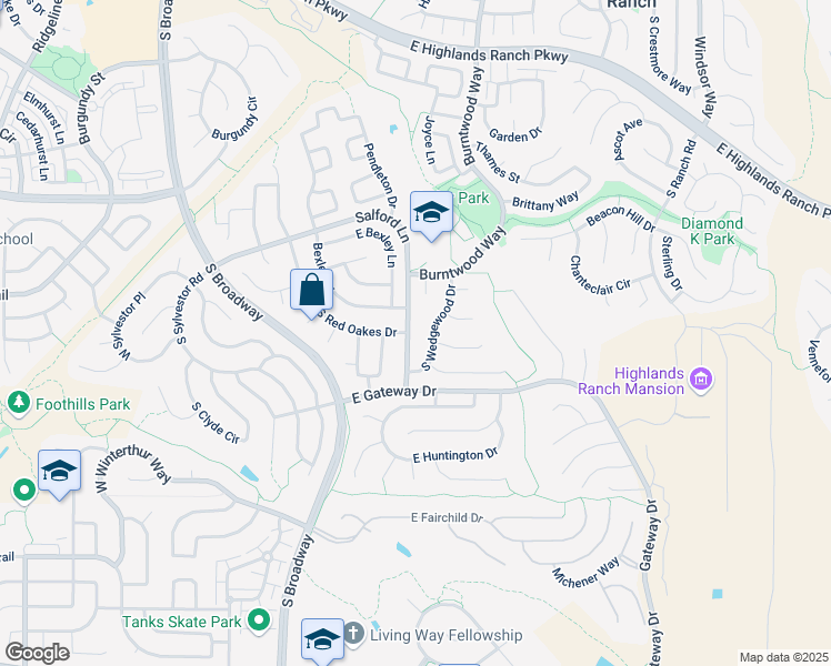 map of restaurants, bars, coffee shops, grocery stores, and more near 9775 South Wedgewood Drive in Littleton