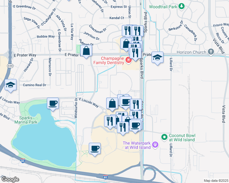 map of restaurants, bars, coffee shops, grocery stores, and more near 561 Sparks Boulevard in Sparks
