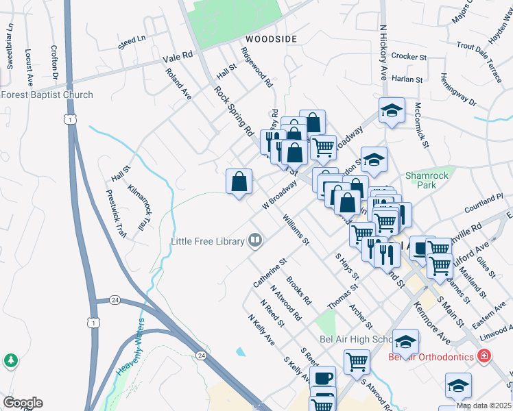 map of restaurants, bars, coffee shops, grocery stores, and more near 120C West Broadway in Bel Air