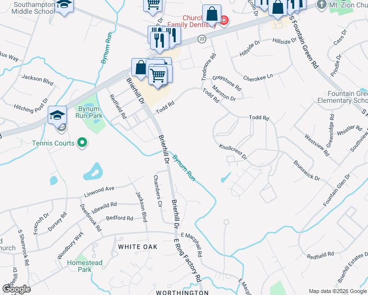 map of restaurants, bars, coffee shops, grocery stores, and more near 1308H Scottsdale Drive in Bel Air