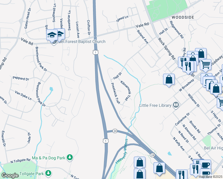 map of restaurants, bars, coffee shops, grocery stores, and more near 640 Prestwick Trail in Bel Air