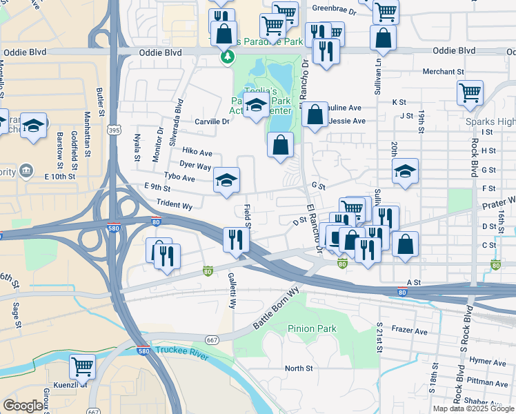 map of restaurants, bars, coffee shops, grocery stores, and more near 2560 E Street in Sparks