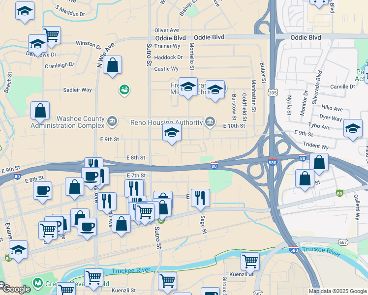 map of restaurants, bars, coffee shops, grocery stores, and more near 1351 East 9th Street in Reno