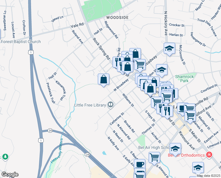 map of restaurants, bars, coffee shops, grocery stores, and more near 120C West Broadway in Bel Air
