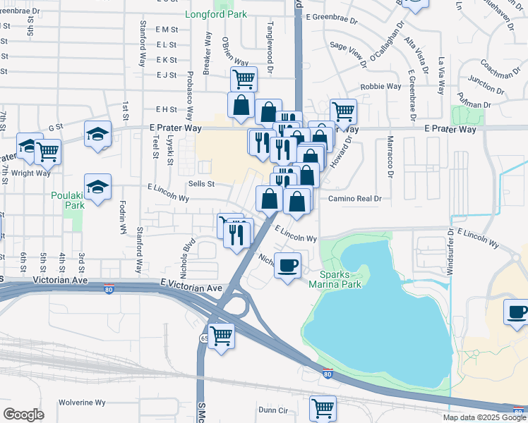 map of restaurants, bars, coffee shops, grocery stores, and more near 631 Alley No 2 in Sparks