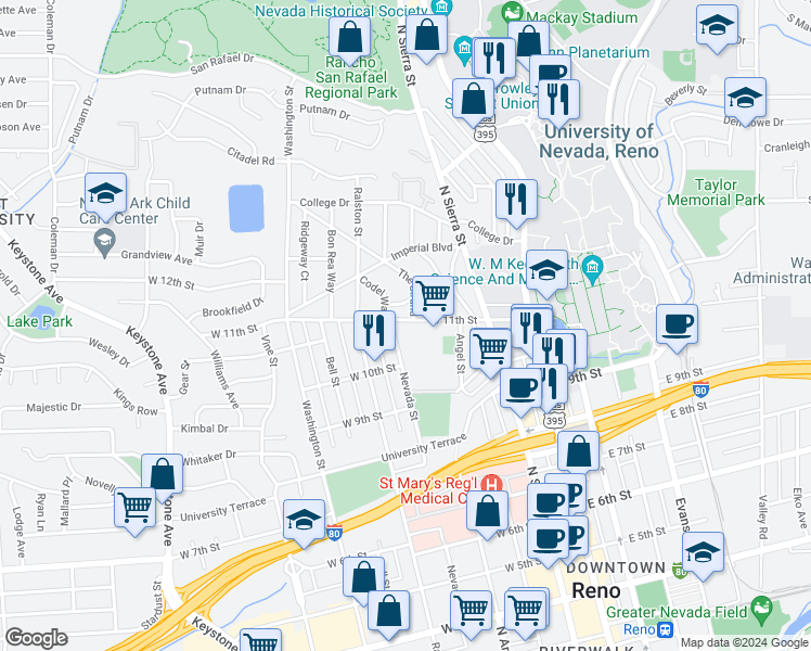 map of restaurants, bars, coffee shops, grocery stores, and more near 380 West 11th Street in Reno