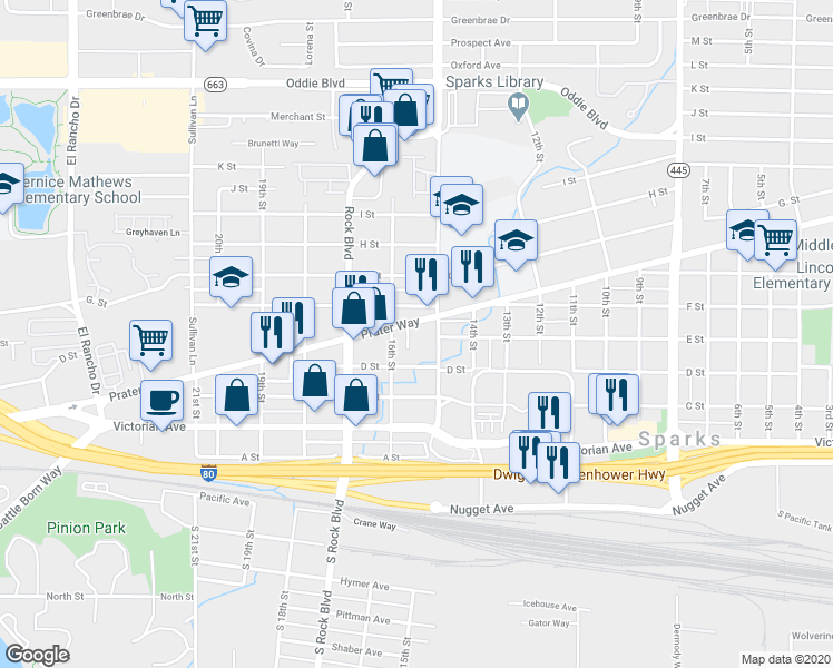 map of restaurants, bars, coffee shops, grocery stores, and more near in Sparks