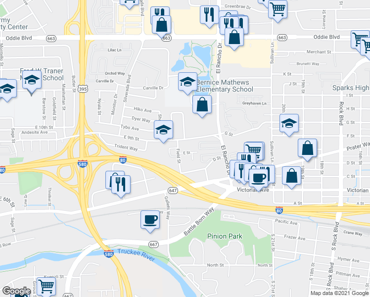 map of restaurants, bars, coffee shops, grocery stores, and more near 2600 G. Street in Sparks