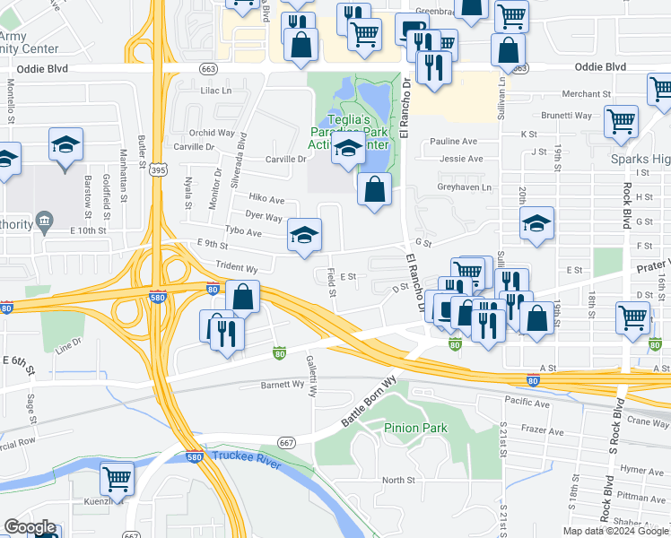 map of restaurants, bars, coffee shops, grocery stores, and more near 2600 G. Street in Sparks