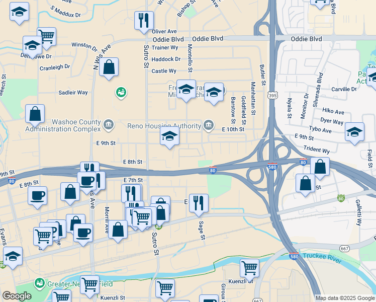 map of restaurants, bars, coffee shops, grocery stores, and more near in Reno