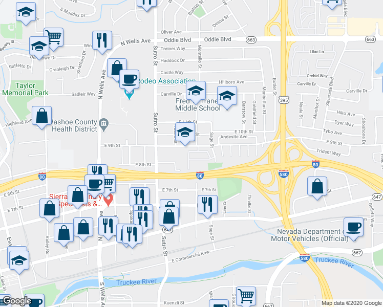 map of restaurants, bars, coffee shops, grocery stores, and more near 1351 East 9th Street in Reno