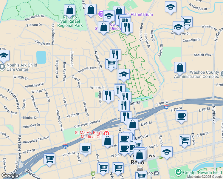 map of restaurants, bars, coffee shops, grocery stores, and more near 1114 North Sierra Street in Reno