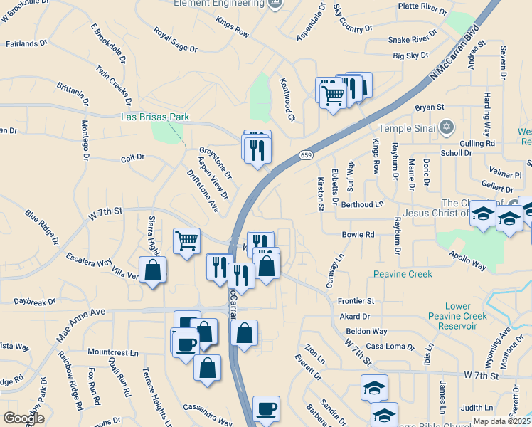 map of restaurants, bars, coffee shops, grocery stores, and more near 10640 North McCarran Boulevard in Reno