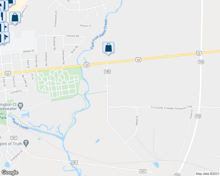 map of restaurants, bars, coffee shops, grocery stores, and more near 962 County Highway 140 in Washington Court House