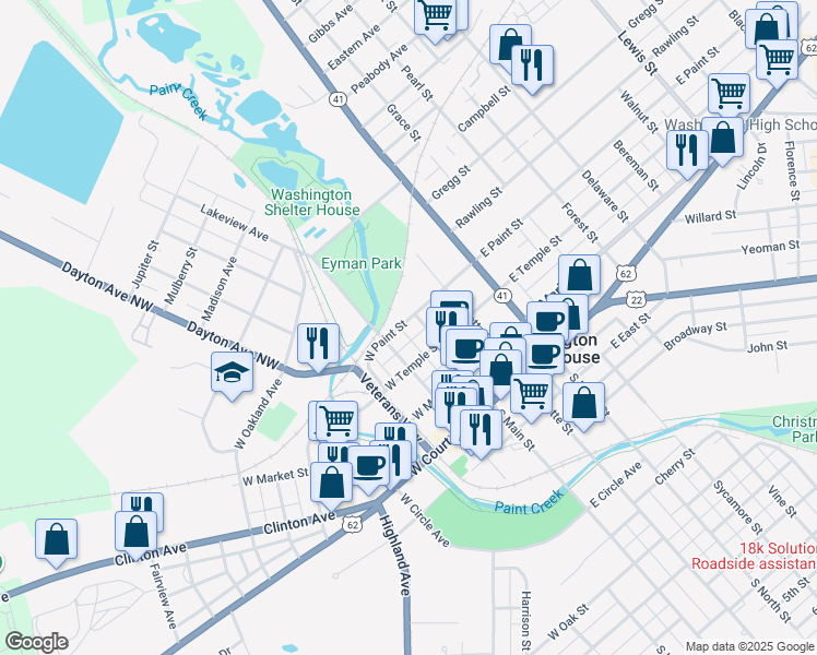 map of restaurants, bars, coffee shops, grocery stores, and more near 106 West Paint Street in Washington Court House