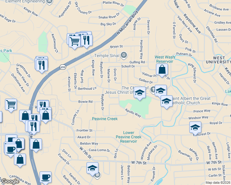 map of restaurants, bars, coffee shops, grocery stores, and more near 3055 Kings Row in Reno