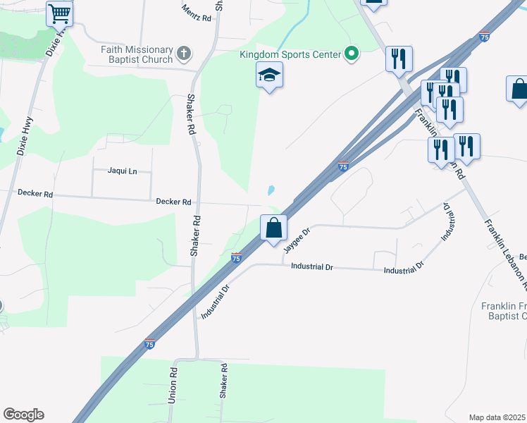 map of restaurants, bars, coffee shops, grocery stores, and more near 5411 Decker Road in Franklin