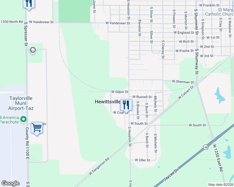 map of restaurants, bars, coffee shops, grocery stores, and more near 1404 West Gilpin Street in Taylorville