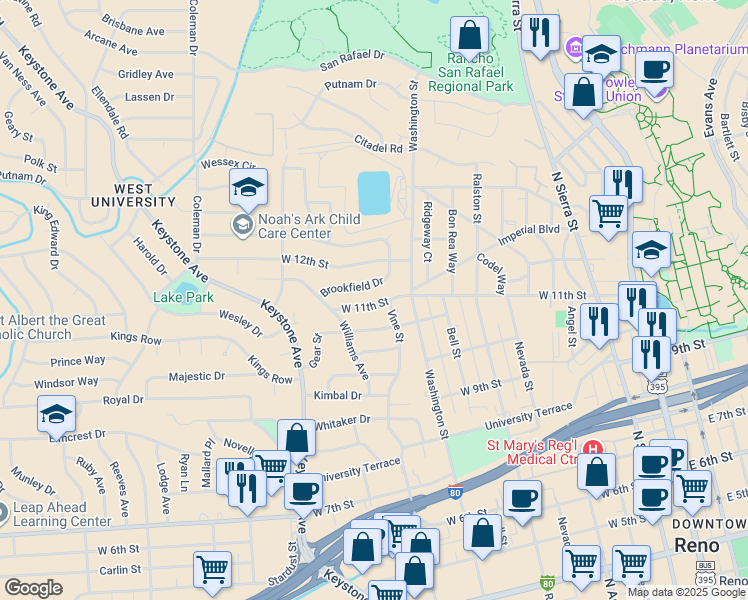 map of restaurants, bars, coffee shops, grocery stores, and more near 740 Brookfield Drive in Reno