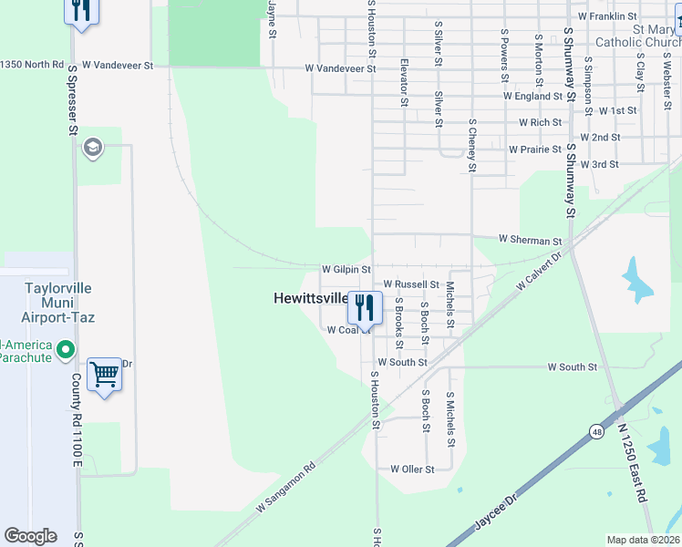 map of restaurants, bars, coffee shops, grocery stores, and more near 1404 West Gilpin Street in Taylorville