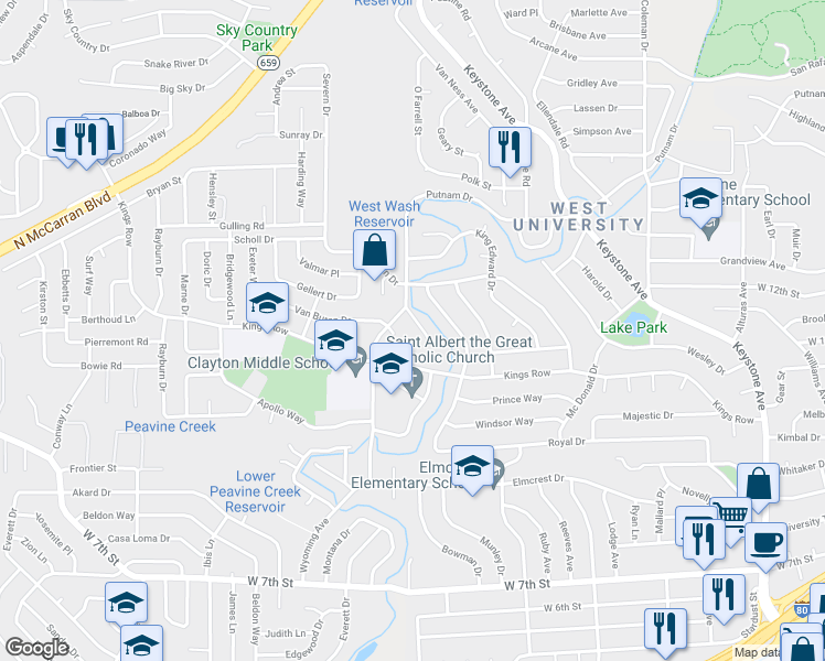 map of restaurants, bars, coffee shops, grocery stores, and more near 1555 Wyoming Court in Reno