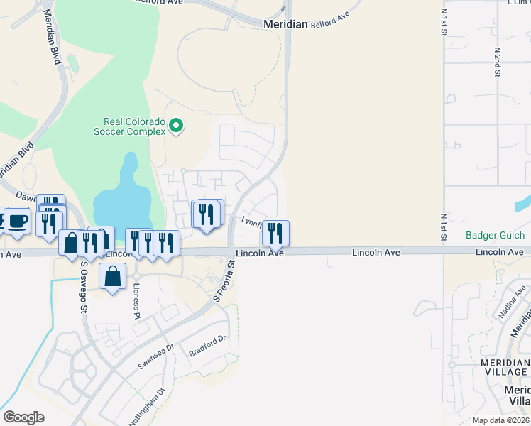 map of restaurants, bars, coffee shops, grocery stores, and more near 12834 Mayfair Way in Englewood