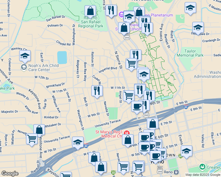 map of restaurants, bars, coffee shops, grocery stores, and more near 1101 The Strand in Reno