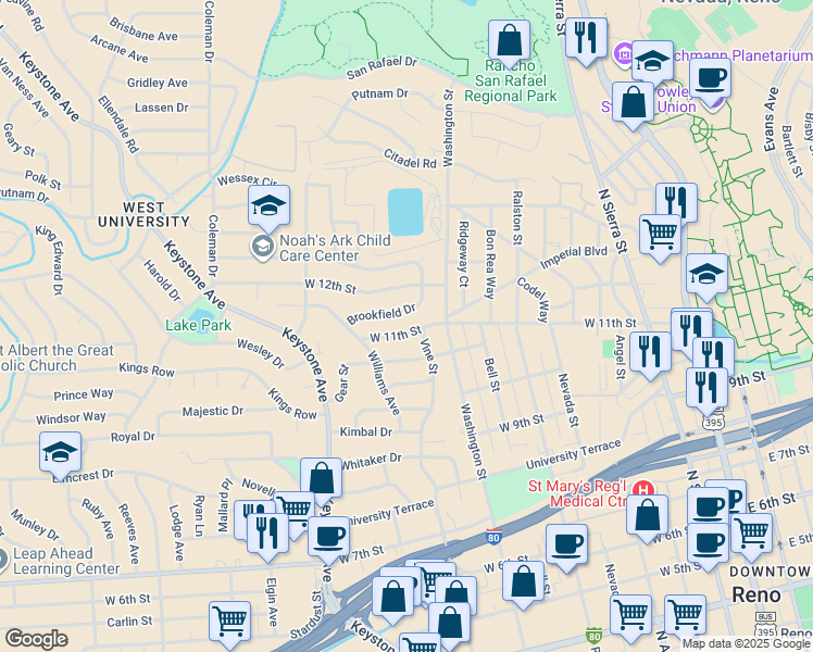map of restaurants, bars, coffee shops, grocery stores, and more near 740 Brookfield Drive in Reno