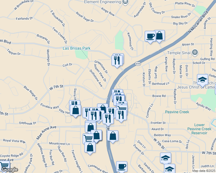 map of restaurants, bars, coffee shops, grocery stores, and more near 5112 Aspen View Drive in Reno