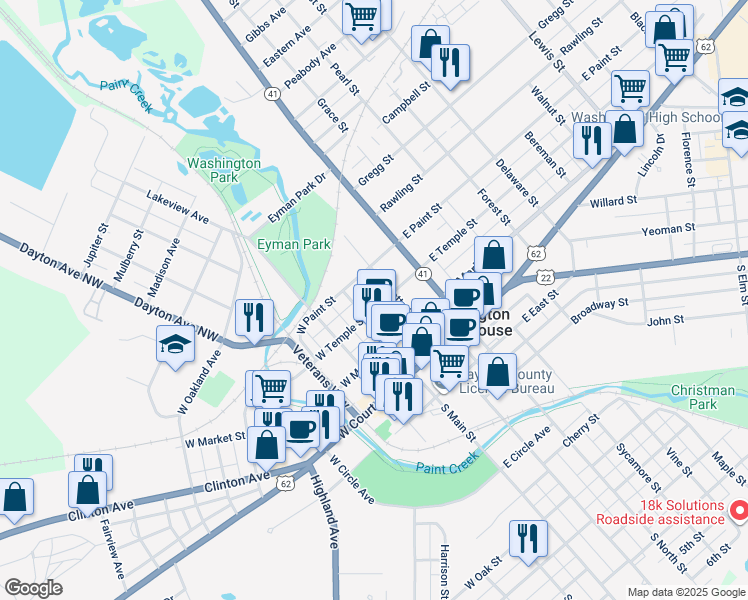 map of restaurants, bars, coffee shops, grocery stores, and more near 121 East Paint Street in Washington Court House