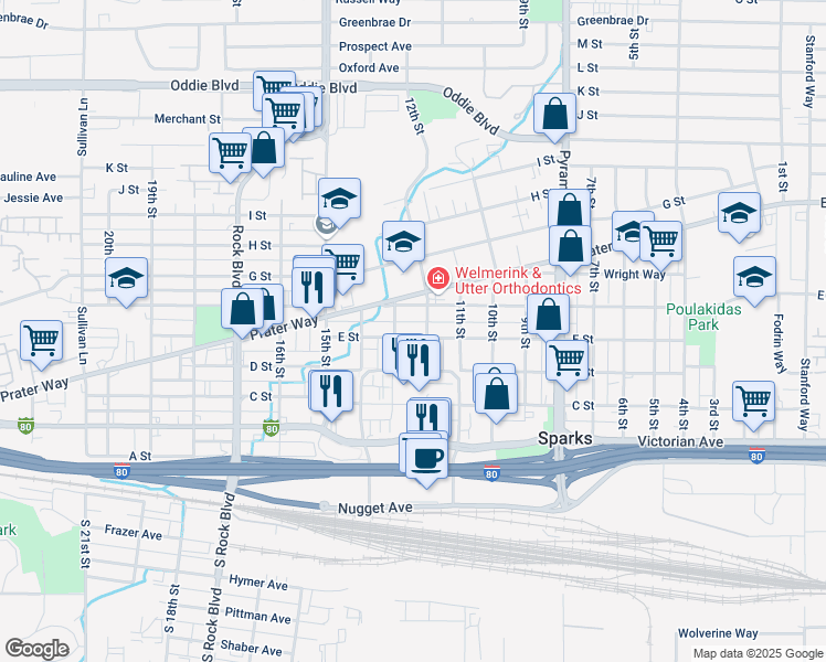 map of restaurants, bars, coffee shops, grocery stores, and more near 1224 E Street in Sparks