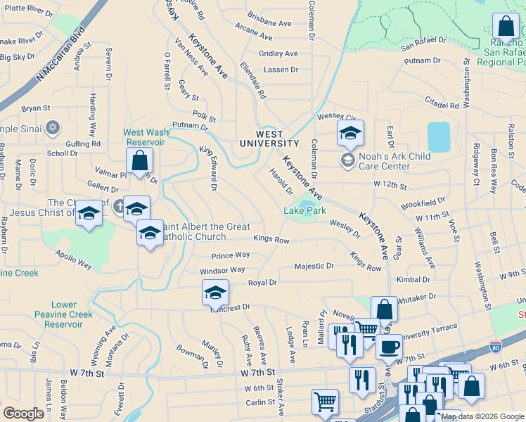 map of restaurants, bars, coffee shops, grocery stores, and more near 1630 Severn Drive in Reno