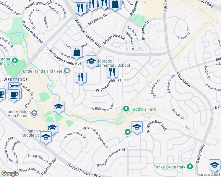 map of restaurants, bars, coffee shops, grocery stores, and more near 920 Timbervale Trail in Littleton
