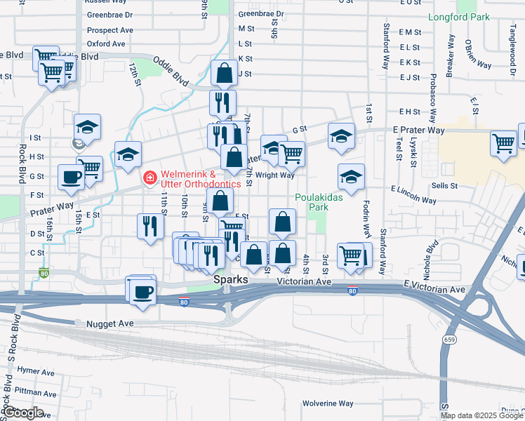 map of restaurants, bars, coffee shops, grocery stores, and more near 543 6th Street in Sparks