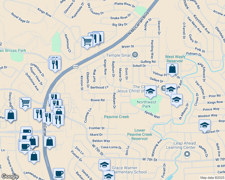 map of restaurants, bars, coffee shops, grocery stores, and more near 1285 Rayburn Drive in Reno