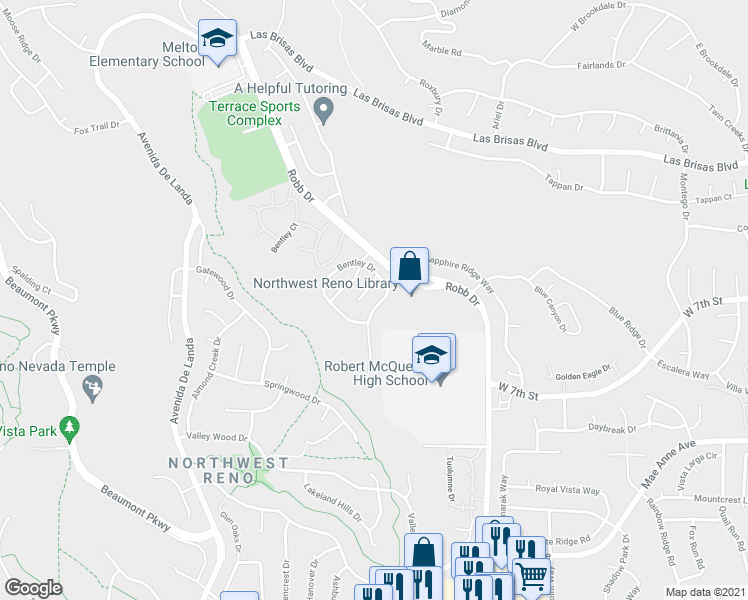 map of restaurants, bars, coffee shops, grocery stores, and more near 6365 Everest Drive in Reno