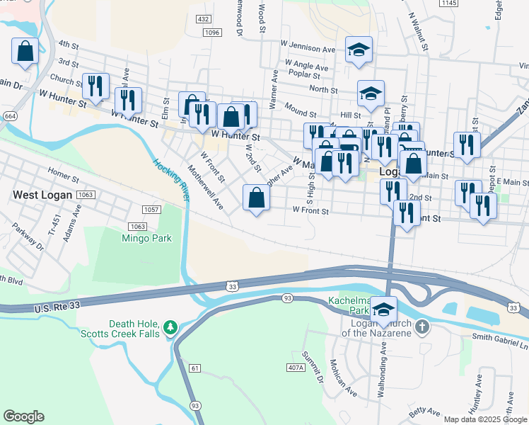 map of restaurants, bars, coffee shops, grocery stores, and more near 334 West Front Street in Logan