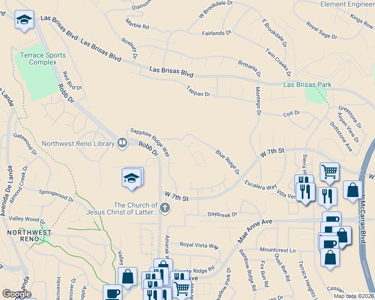 map of restaurants, bars, coffee shops, grocery stores, and more near 5985 Blue Canyon Drive in Reno