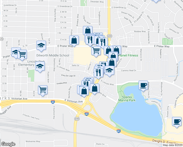 map of restaurants, bars, coffee shops, grocery stores, and more near 603 Alley No 1 in Sparks