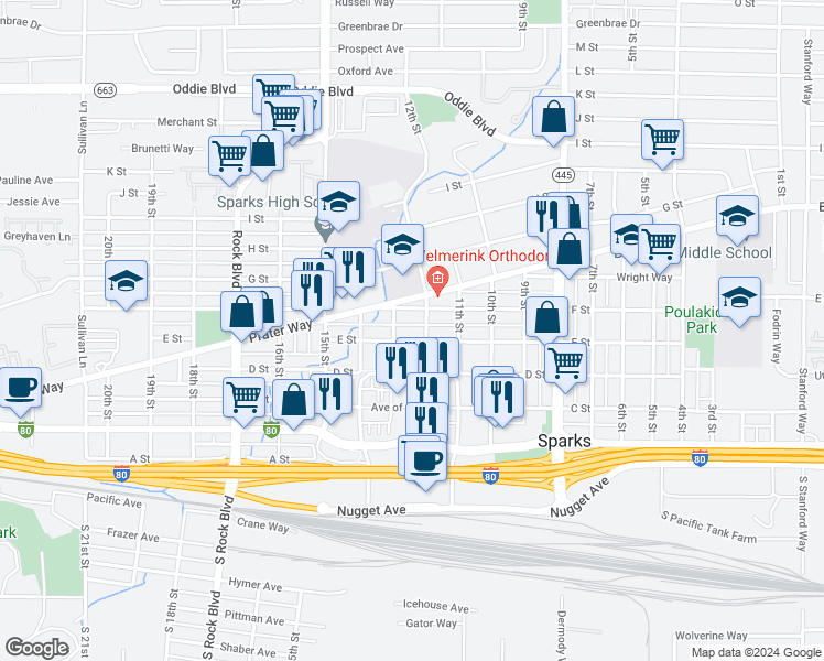 map of restaurants, bars, coffee shops, grocery stores, and more near 529 12th Street in Sparks