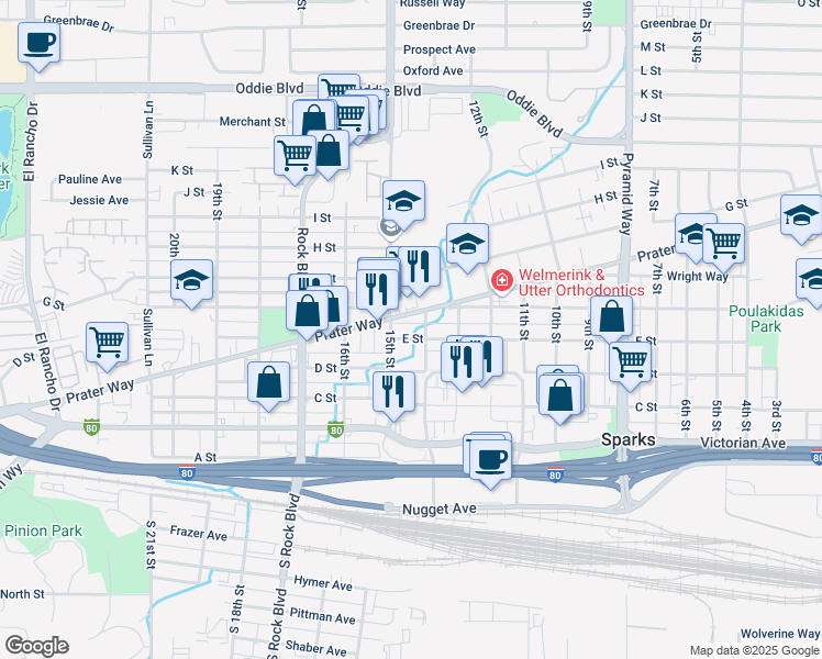 map of restaurants, bars, coffee shops, grocery stores, and more near 1441 Prater Way in Sparks