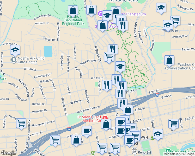 map of restaurants, bars, coffee shops, grocery stores, and more near 265 West 11th Street in Reno