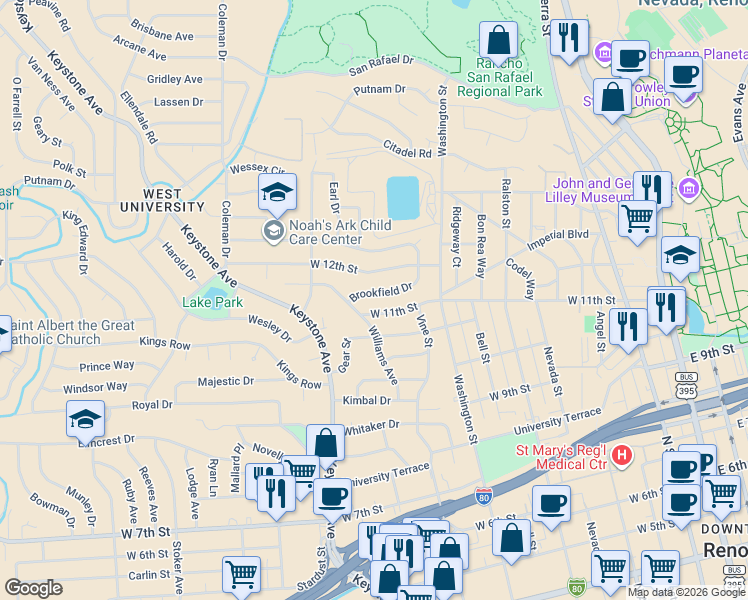 map of restaurants, bars, coffee shops, grocery stores, and more near 825 Brookfield Drive in Reno