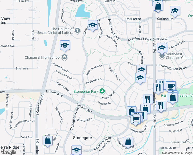 map of restaurants, bars, coffee shops, grocery stores, and more near 16049 Hedgeway Drive in Parker