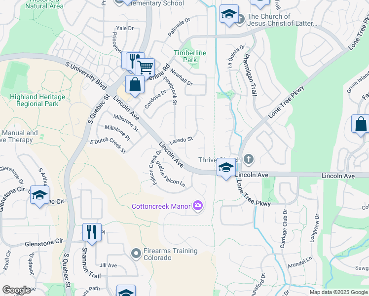 map of restaurants, bars, coffee shops, grocery stores, and more near 9890 East Concord Court in Highlands Ranch