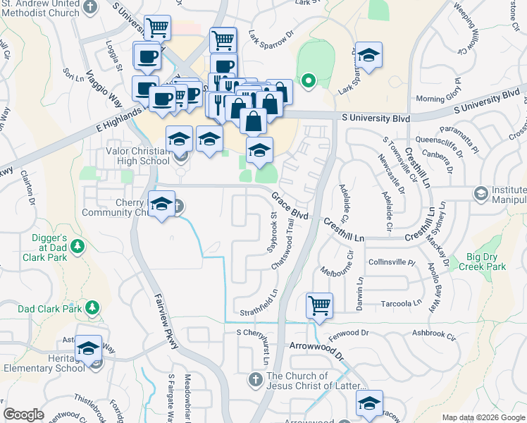 map of restaurants, bars, coffee shops, grocery stores, and more near 9798 Aftonwood Street in Littleton