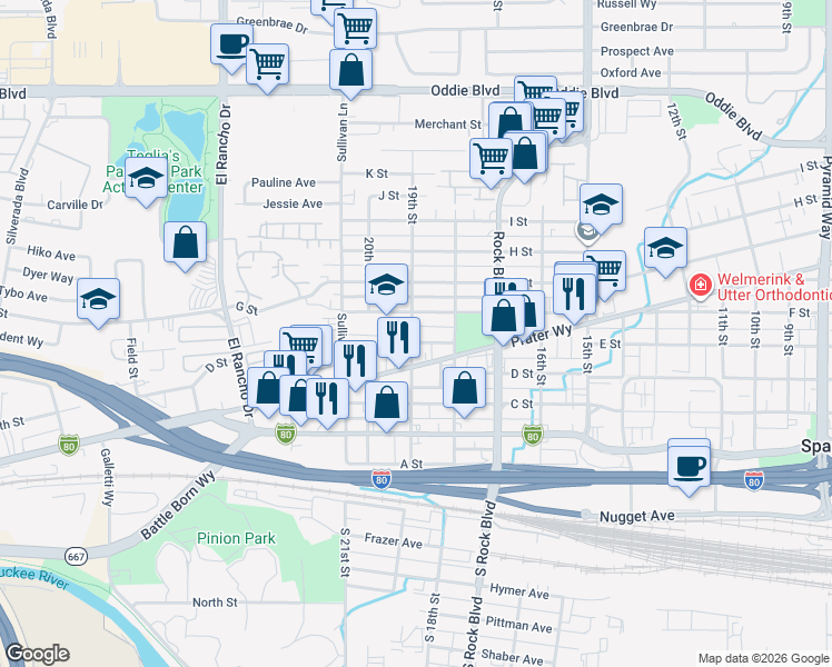 map of restaurants, bars, coffee shops, grocery stores, and more near 650 19th Street in Sparks
